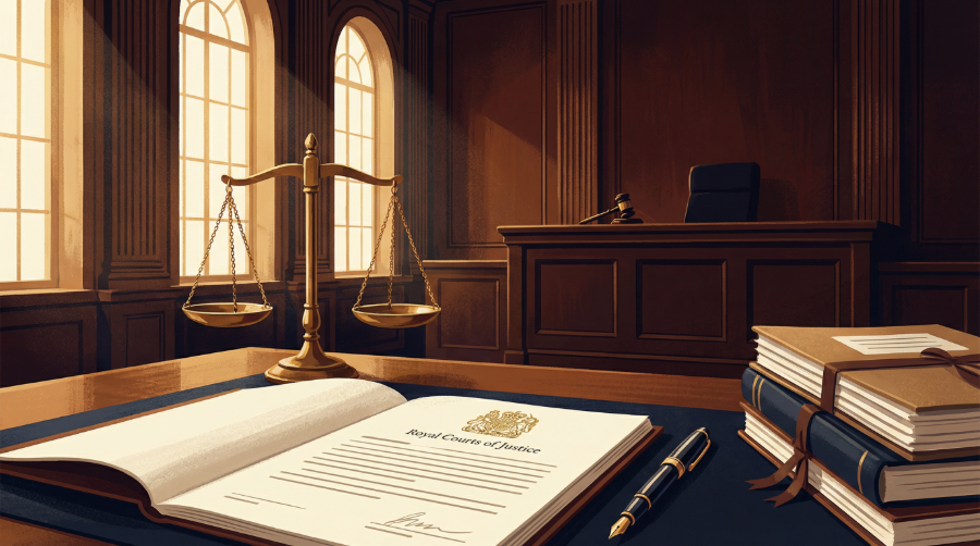 A formal legal chamber with scales of justice, open case files and a fountain pen on a lawyer's desk, representing complex immigration appeals in England and Wales.