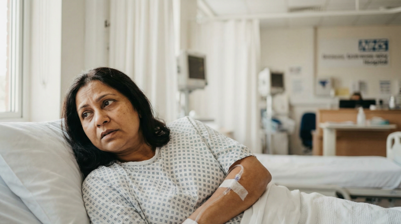 Woman patient lying in a hospital bed with an IV drip following a medical procedure