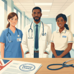 Healthcare professionals including a nurse, doctor and care worker in a hospital corridor with a UK sponsor licence document and stethoscope in the foreground