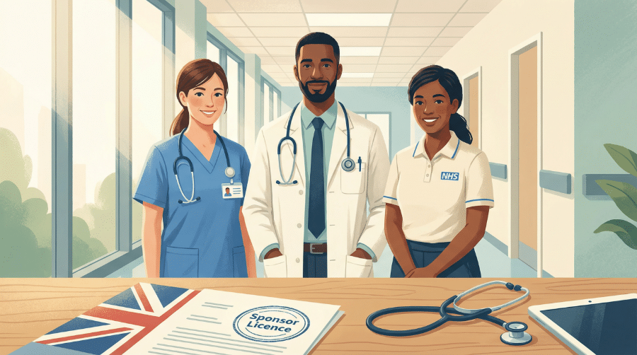 Healthcare professionals including a nurse, doctor and care worker in a hospital corridor with a UK sponsor licence document and stethoscope in the foreground