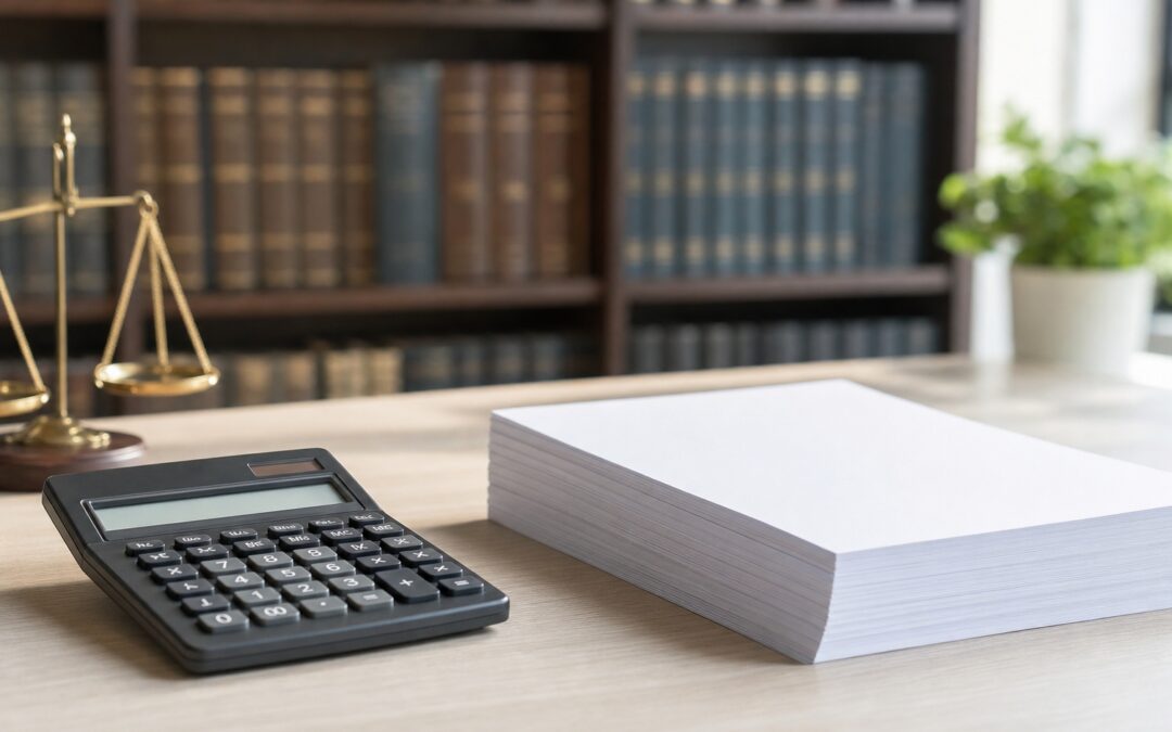 A calculator and blank stacked papers on a desk with a blurred legal bookshelf in the background