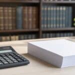 A calculator and blank stacked papers on a desk with a blurred legal bookshelf in the background