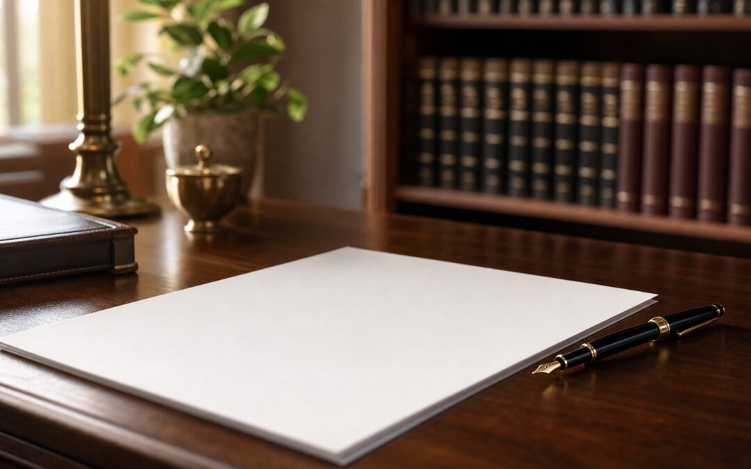 A fountain pen resting beside a blank document on a solicitor's desk with a blurred law library in the background