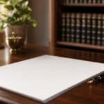 A fountain pen resting beside a blank document on a solicitor's desk with a blurred law library in the background
