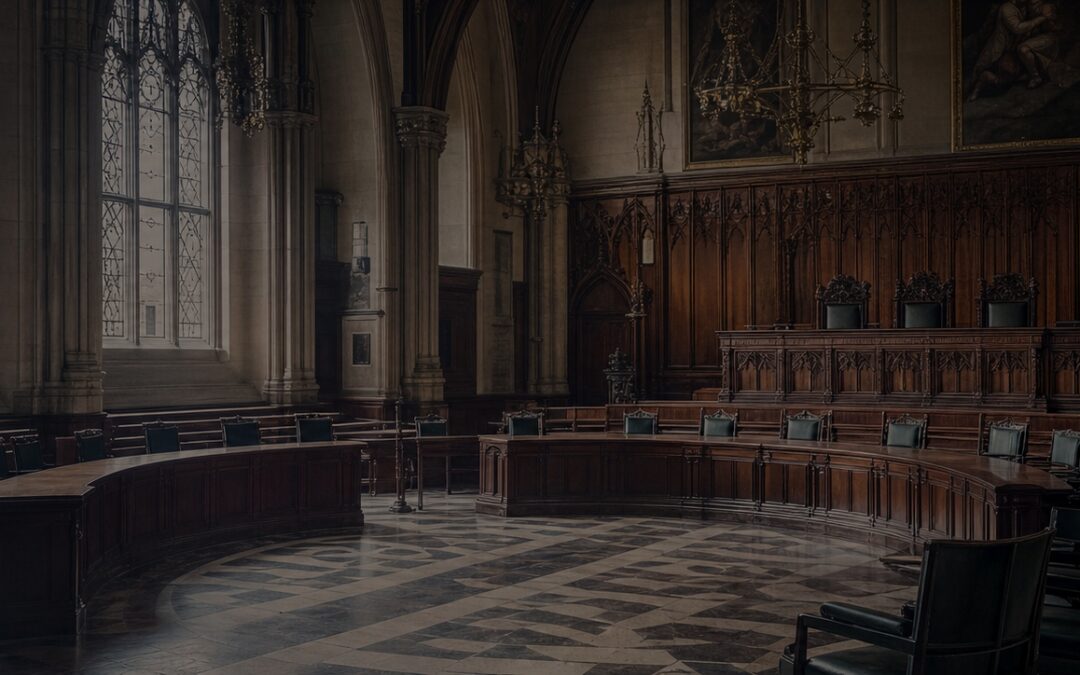 The interior of a British court building, representing the High Court and Upper Tribunal proceedings in which Law Lane Solicitors advises clients on immigration judicial review — challenging unlawful Home Office decisions on grounds of illegality, irrationality, and procedural impropriety.