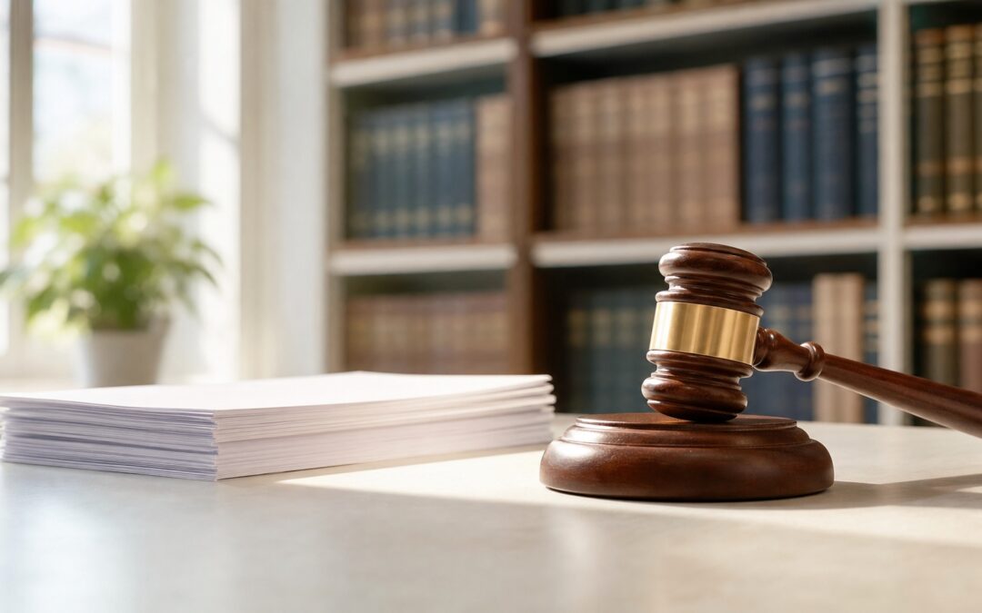 A wooden gavel resting beside blank papers on a legal desk with a blurred law library in the background