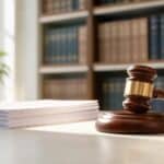 A wooden gavel resting beside blank papers on a legal desk with a blurred law library in the background