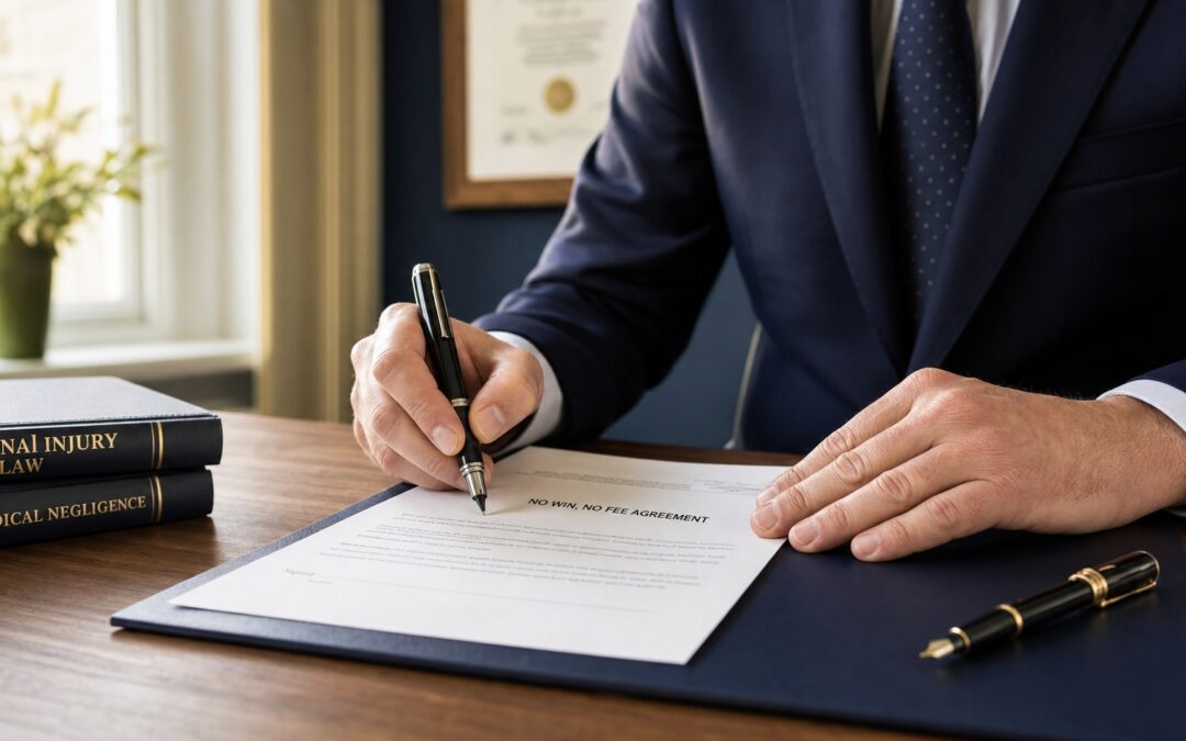 Solicitor's hands signing a conditional fee agreement document at a desk