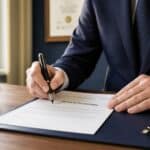 Solicitor's hands signing a conditional fee agreement document at a desk